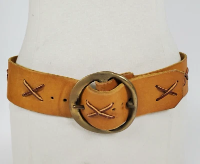 Vintage 70s Womens Wide Laced Leather Hip Belt w/North Judd Brass Buckle Tan 38" - Image 1 of 4