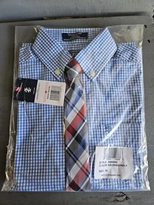 IZOD Boys Blue Gingham Shirt Plaid Clip-On Tie  Red White School Formal Size 10 - Picture 1 of 3