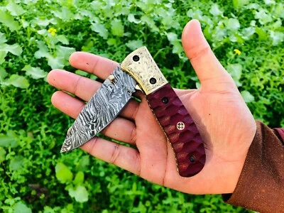 Cuchillo de bolsillo plegable hecho a mano Damasco Liner Lock camping caza cuchillo bolsa Foto 1 de 4