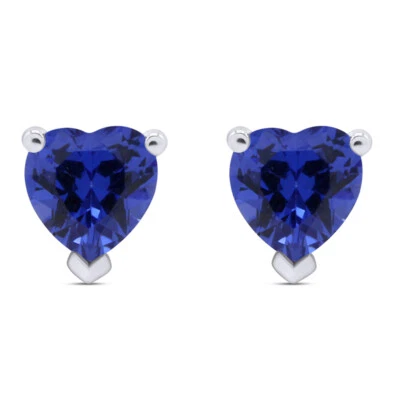 Solid 10K Gold Heart Solitaire Stud Earrings Simulated Blue Sapphire - Image 1 of 4