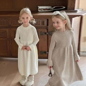 Girls Knitted Dress 2025 Autumn Winter New Children Gown Princess Solid Color Ve - Picture 1 of 27