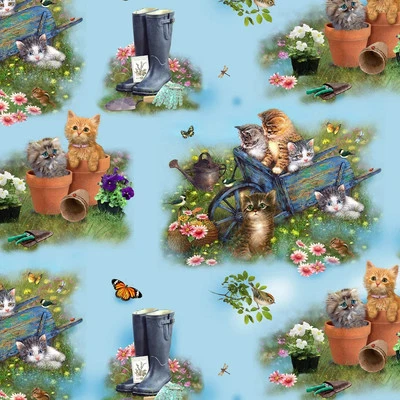 Cats, Kittens in the Garden,   Flowers PotsHenry Glass  Quilting Fabric 46x112cm - image 1 of 2