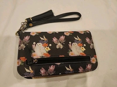 Leather Black Floral Owl Print Envelope Wallet Bag w/ Zip Closure - Image 1 of 4
