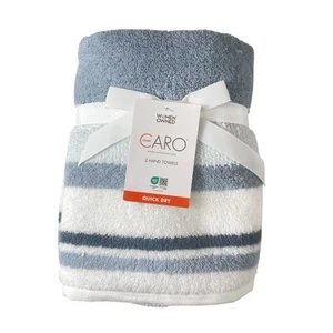 Caro Home Hand Towels Blue & White Striped Terry Velour Set of 2 NEW - Picture 1 of 6