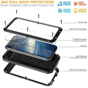 iPhone 11 12 13 14 15 16 XS Metal Case Heavy Duty Shockproof Screen Protector - Picture 1 of 40
