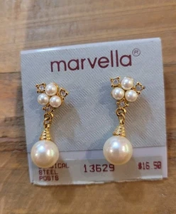 Marvella Dangle Faux Pearl Earrings Stud Backs w ORIGINAL BOX - Picture 1 of 2