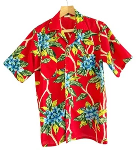 Vintage 70s Rodeo Man California Mens Sz M Orange Floral Tropical Hawaiian Shirt - Picture 1 of 9