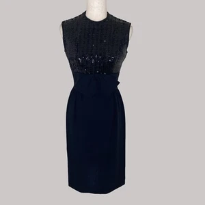 Vintage 60s Black Sequin Sleeveless Cocktail Party Dress Sz XS Bow Accent Fitted - Picture 1 of 8