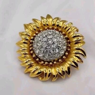 Vintage Joan Rivers Sunflower Gold Tone Clear Crystals Brooch Pin Flower Signed — 第 1/4 张图片