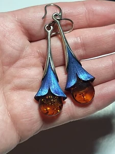STERLING SILVER LARGE BLUE ENAMEL AMBER LARGE ARTISAN CHANDELIER EARRINGS  - Picture 1 of 19