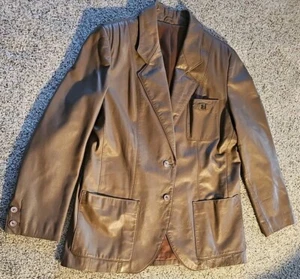 Etienne Aigner Leather Jacket Womens 14 Brown Button Pleated Back-Vintage - Picture 1 of 15