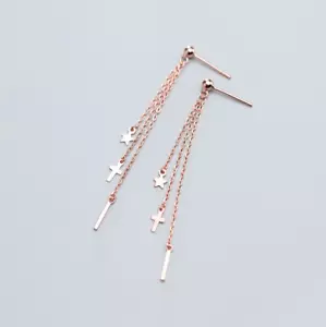 Long Tassel Rose Gold Over Sterling Silver Cross Star Bar Drop Stud Earrings B26 - Picture 1 of 5
