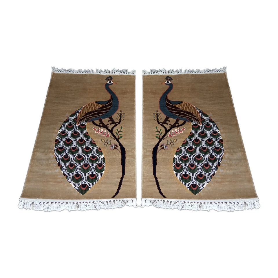 Set Of 2 Hand Knotted Luxury Art Silk Peacock Blue Rug Small For Home Decor - Image 1 of 1