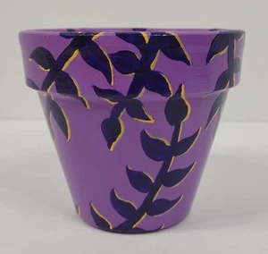 Hand painted purple yellow vine leaves 4" terra cotta flower pot - Picture 1 of 5