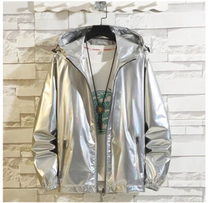 Metallic Jacket for Men's Solid Zipper Sparkle Shiny Hooded Windbreaker Casual - Picture 1 of 11