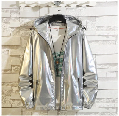 Metallic Jacket for Men's Solid Zipper Sparkle Shiny Hooded Windbreaker Casual - Image 1 of 4