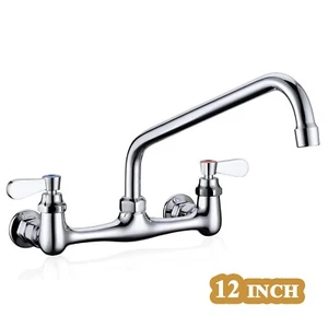 Commercial Kitchen Sink Faucet Dual Handle Mixer 12 inch Swivel Spout Wall Mount - Picture 1 of 14
