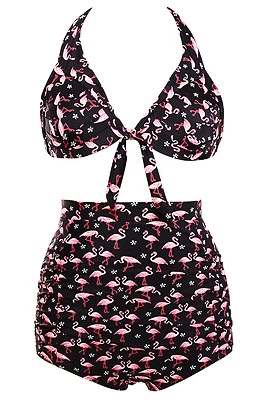 Badeanzug Bikini Hohe Taille Flamingos Rosen Flamingos Pinup Retro Sexy - Bild 1 von 4