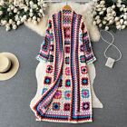 Womens Ladies Crochet Granny Square Cardigan Knit Long Rainbow Hooded Cardigan &