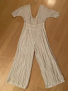 SANCIA Cala Jumpsuit Stripe V-Neck Crop Wide Leg Short Sleeve Rayon Tie Back - Picture 1 of 2
