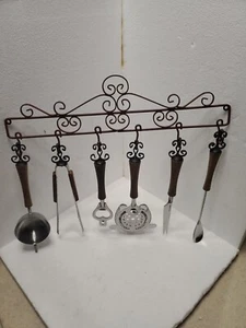 6Vintage Bar Utensils Set MCM Japan Stainless Steel Wood HandleBarware w/ Hanger - Picture 1 of 5