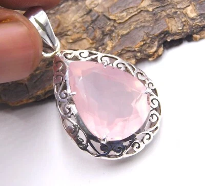 5.70 GM 925 Argento Sterling Naturale Quarzo Rosa Pietra Fatto a Mano Ciondolo - Immagine 1 di 4