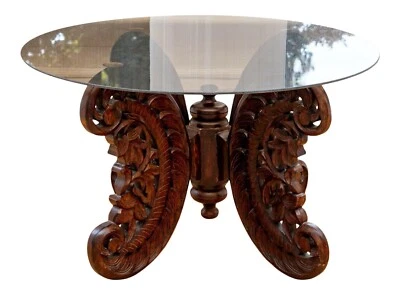 Heavily Hand-Carved Accent Table With Oval Tinted Glass Top - Image 1 of 4