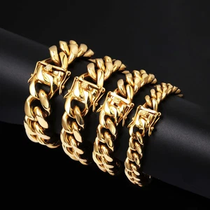 6mm-14mm Mens Miami Cuban Link Bracelet Solid 18k Gold Plated Stainless Steel - Picture 1 of 13
