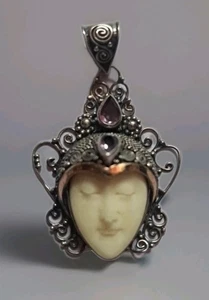 Hand Carved Bali Goddess Pendant 14k Gold 925 Sterling Silver Genuine Amethyst - Picture 1 of 23