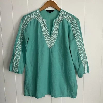 Блузка Brooks Brothers 346 из льняной смеси с вышивкой цвет морской волны синяя туника топ S богемное - Изображение 1 из 4