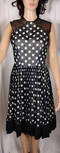 VTG 50s Sm HANDMADE Black Navy Sheer Illusion Cotton Muslin Swing Tea Dress Dots - Picture 1 of 23