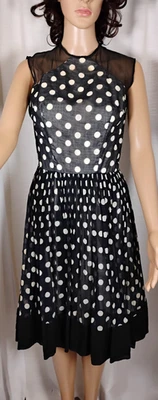 VTG 50s Sm HANDMADE Black Navy Sheer Illusion Cotton Muslin Swing Tea Dress Dots - Image 1 of 4