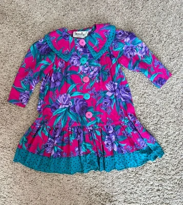 Vintage Zoodles Girl's Colorful Dress Sz Small 4-6X Floral Pink Green Big Button - Image 1 of 4