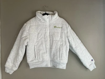 CHAMPION Reverse Weave Women’s Quilted Puffer Jacket Size Medium Gray/White VG++ - Image 1 of 4