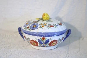 HENRIOT QUIMPER POTTERY FRANCE FLEURI ROUND COVERED VEGETABLE SERVING BOWL - Picture 1 of 10