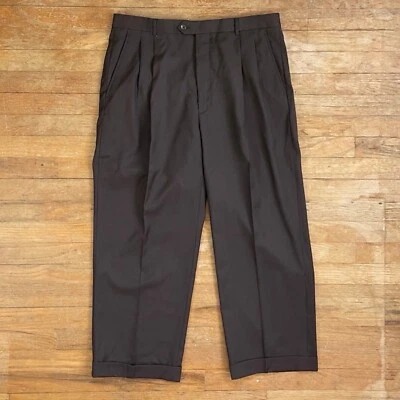 Vintage Mens Double Pleated Dress Pants Size 34x26 1990s Brown Cropped Trousers - Image 1 of 4