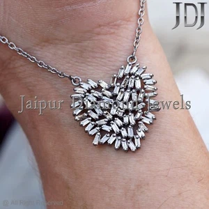 Collier Avec Charme En Cœur En Diamant Baguette Naturel En Argent Sterling 925 - Foto 1 di 11