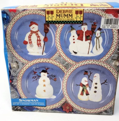 Sakura Debbie Mumm Set of 4 Snowman 8" Salad Dessert Plates Christmas 1997 Box - Image 1 of 3
