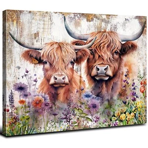 Farmhouse Highland Cow Wall Art Rustic Cow Floral Pictures Wall Decor Western... - Picture 1 of 6