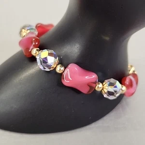Glass Beaded Bracelet Pink Givre Beads Fuchsia AB Glass Round Gold Tone 7" - Picture 1 of 10