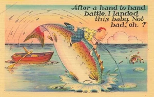 Postcard Fish Boat Boy Fishing Comic Vintage - Picture 1 of 2