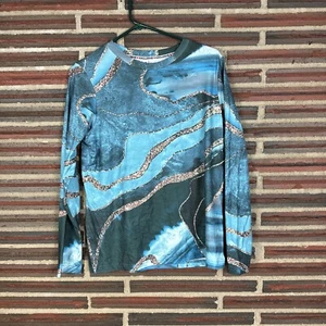 Exclusiva Camisa Manga Larga Azul Geométrica Plateada Manga Larga Informal Pullover M - Imagen 1 de 3