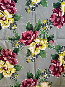 Vtg 1940's Berry Rose Yellow Floral Fabric Gray Background 3.6 Yards Linen Cottn - Picture 1 of 14