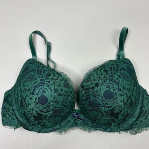 Victoria Secret Push Up Bra 34C Green Lace Padded Underwire Velvet Straps - Picture 1 of 7