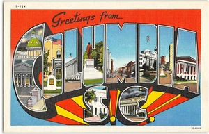 Postal de colección COLUMBIA, SC letra grande lino saludos Carolina del Sur década de 1940 - Imagen 1 de 2