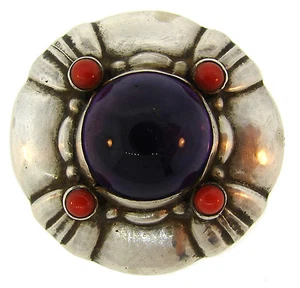 Vintage GEORG JENSEN Amethyst Coral Sterling Silver PIN Brooch Clip No. 50 - Picture 1 of 5