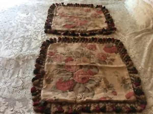 "Paar Vintage Ralph Lauren reichbraun mit Rosenblumen + Fransenüberwurfkissen 20X20" - Bild 1 von 7
