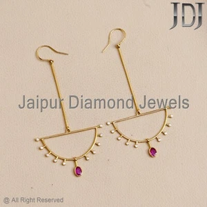 Solid 18k Yellow Gold Natural White Diamond Ruby Gemstone Ear Wire Hook Earring - Picture 1 of 14