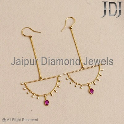 Solid 18k Yellow Gold Natural White Diamond Ruby Gemstone Ear Wire Hook Earring - Image 1 of 4