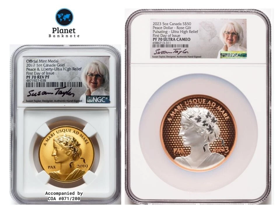 2019 Canada Gold 1oz & 2023 Silver 5oz Peace & Liberty NGC PF70 FDI Set Low Pop - Image 1 of 4